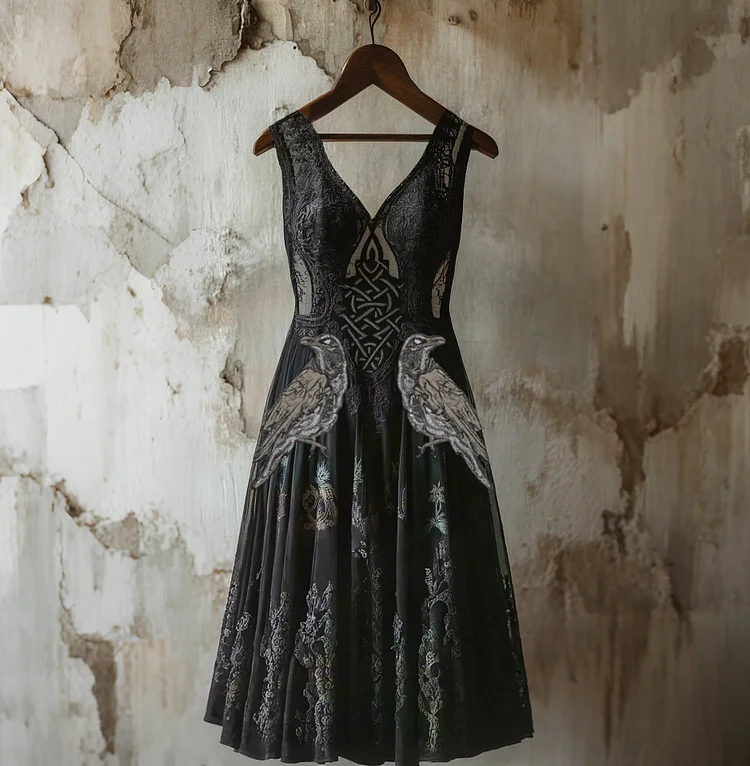 VChics Women's Vintage Viking Raven Celtic Knot Art Linen Midi Dress