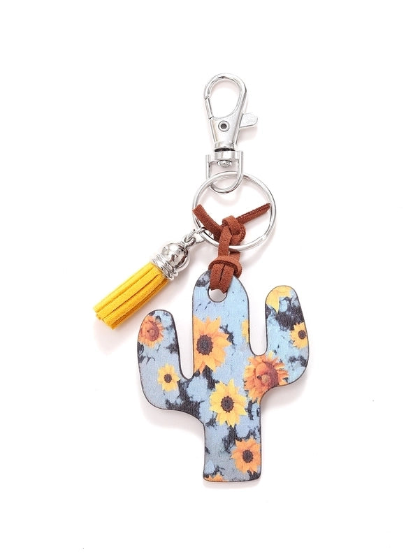 Classic Style Commute Cactus Printing Wood Bag Pendant Keychain