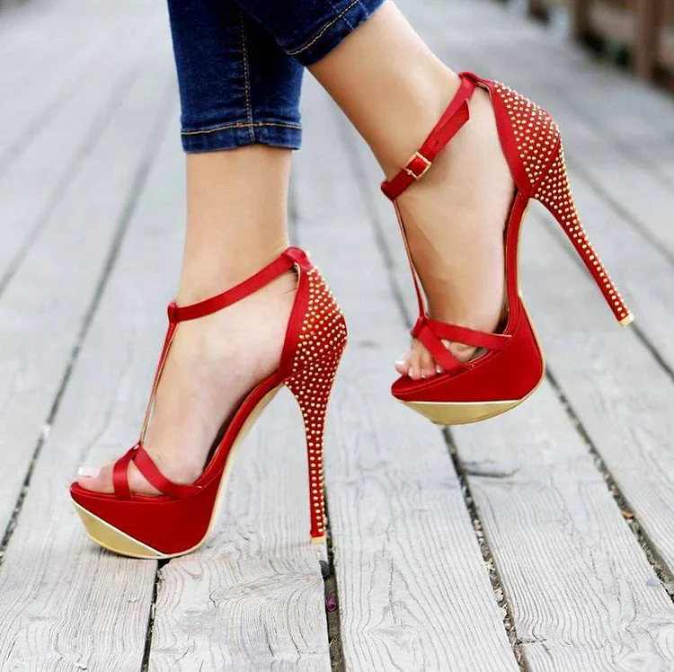 Red Studs Open Toe Stiletto Heel Platform T Strap Sandals |FSJ Shoes