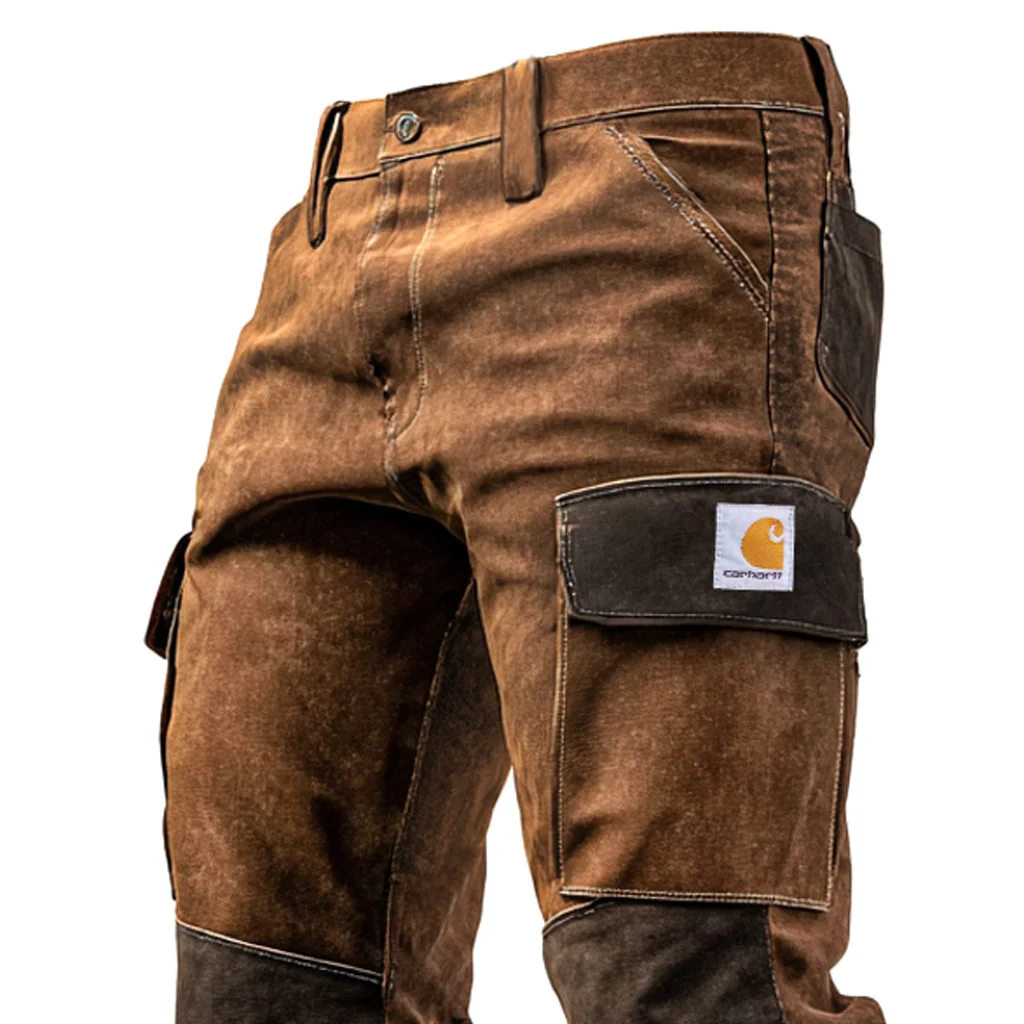 Men's Vintage Brown Suede Contrast Work Pants With Reinforced Knees