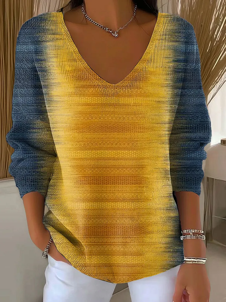 Women's Autumn Gradient Striped Casual Pullover Sweater