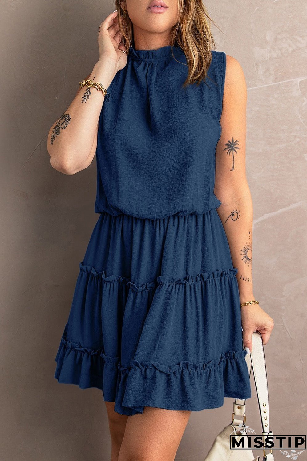 Tie Neck Frill Trim Sleeveless Mini Dress