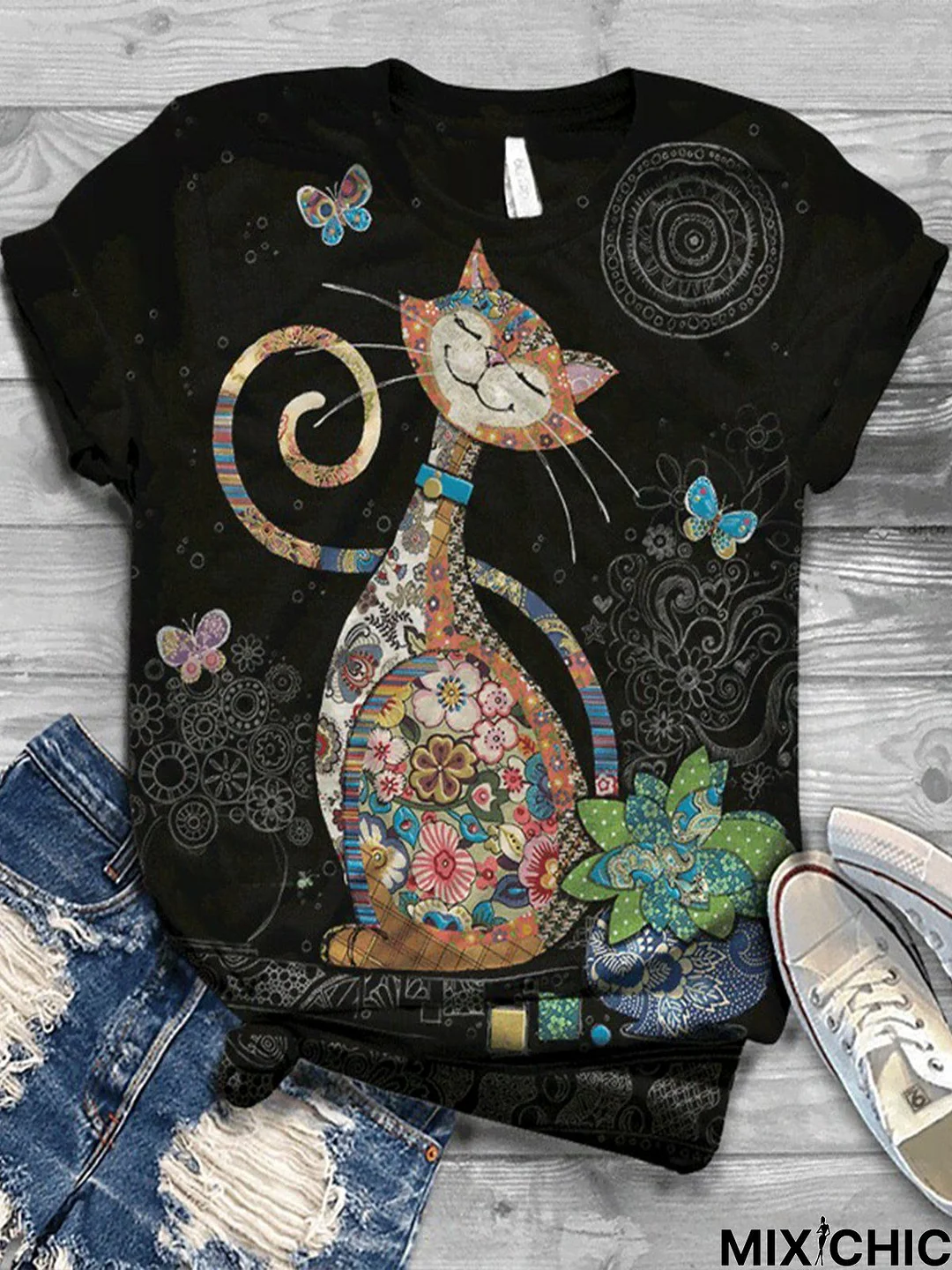 Plus Size Casual Animal Vintage Cotton-Blend T-shirt