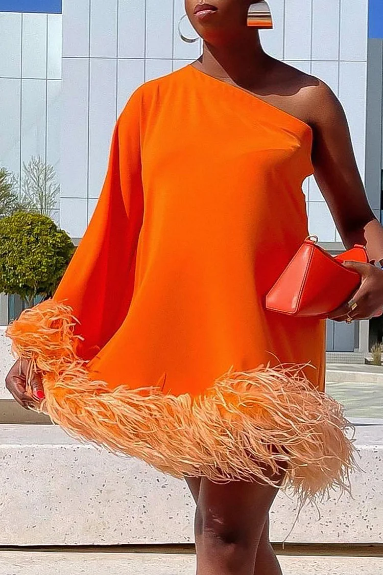 Plus Size Orange Casual One Shoulder Feather Mini Dresses