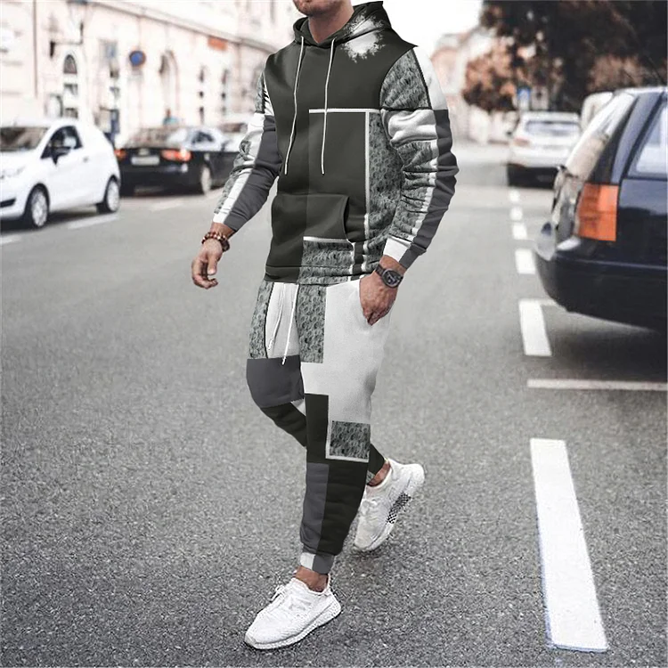 Broswear Grey Color Block Print Casual Tracksuit Two Piece Set