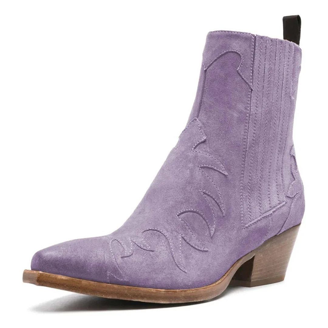 Purple Block Heel Snip Toe Patchwork Ankle Western Boots for Women
