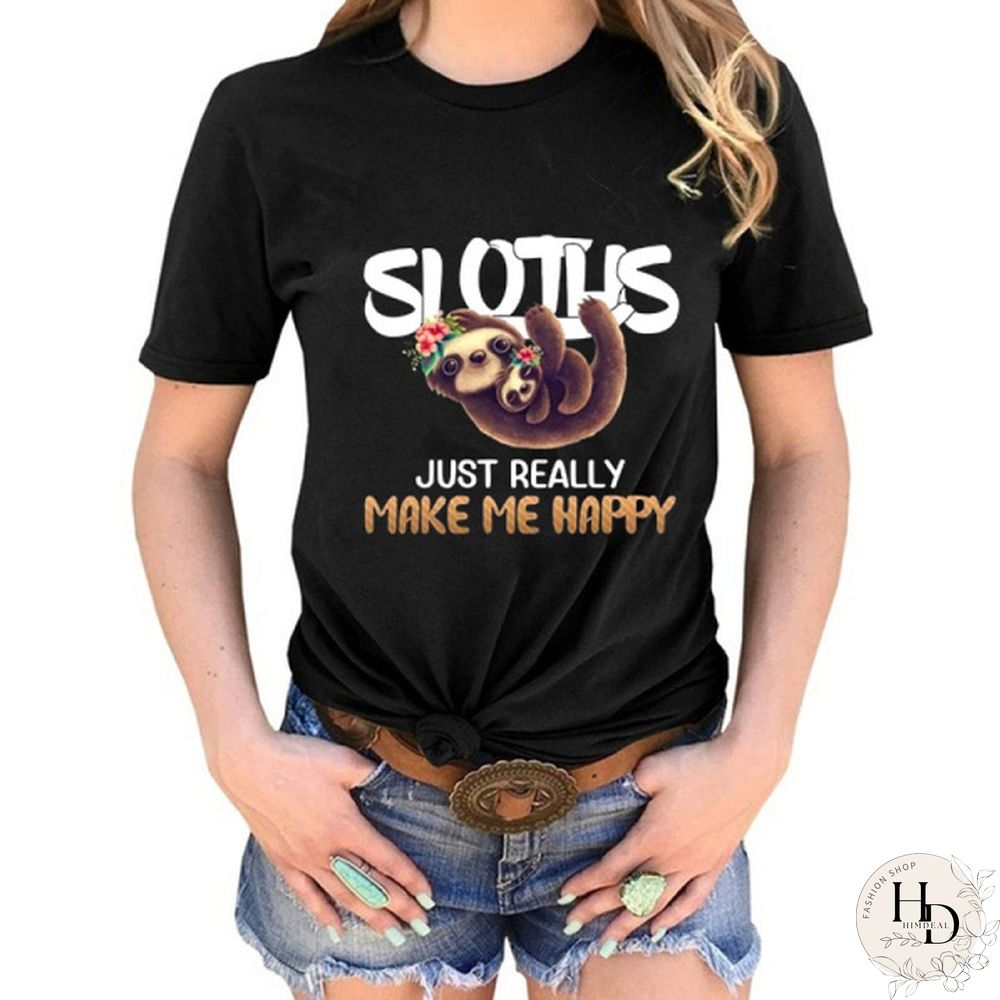 Summer Letter Print Funny T-Shirt Women Fashion Cute Sloth Printed Short Sleeved T-shirt Summer Lady Casual Graphic T Shirts Round Neck Pure Color Tee