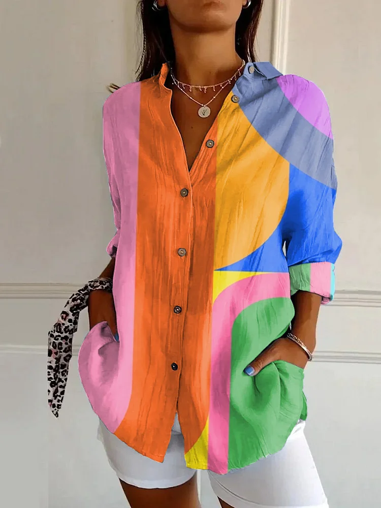 Vintage Color Block Art Print Long Sleeve Shirt