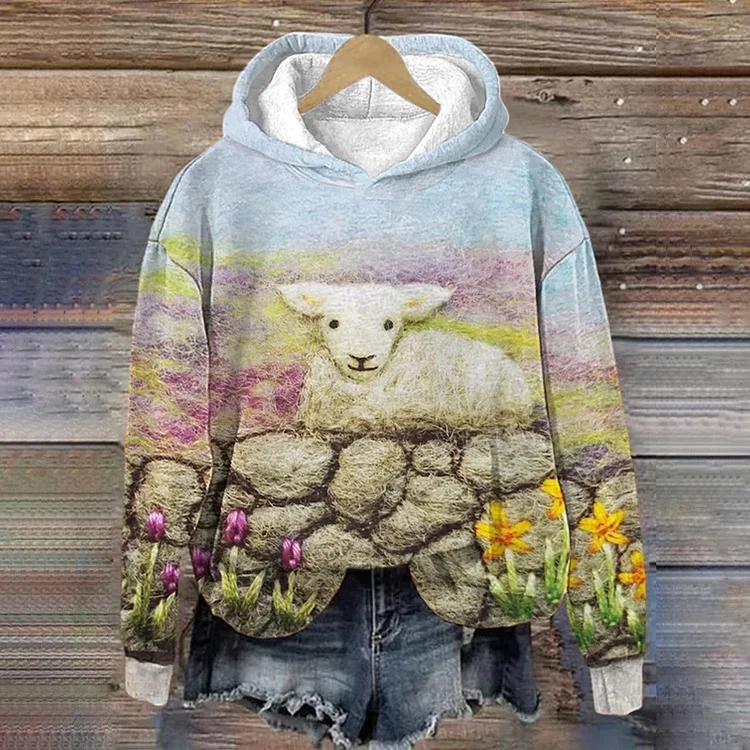 Comstylish Women's Fluffy Sheep Pattern Printed Casual Hoodie