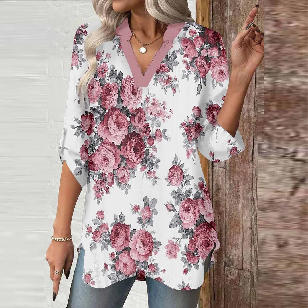 Women Floral, Pink DZGA0758 3/4 Sleeve V-neck Printed Graphic Button Tops
