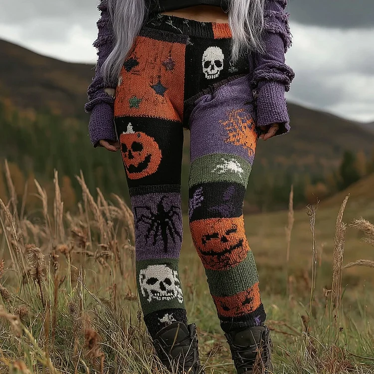 Women's Halloween Pumpkin Patchwork Cozy Leggings
