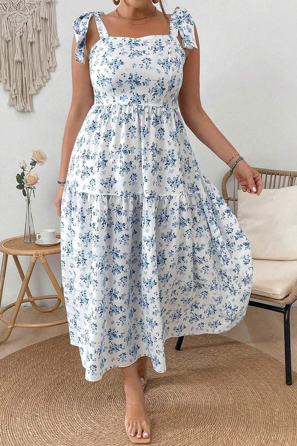 Plus Size Vacation Light Blue Ditsy Floral Empire Waist Sleeveless Tea-Length Dress 2024 - Flycurvy 