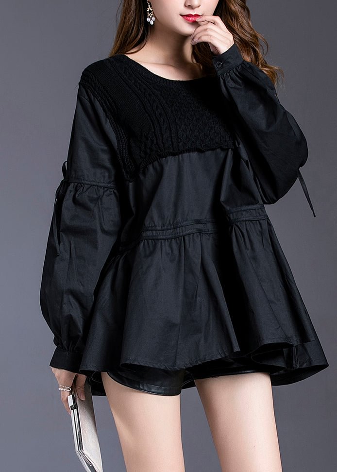 Plus Size Black Asymmetrical Patchwork Cotton Tops Spring CK2922- Fabulory