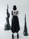 Design Square Collar Flower Printed Irregular Patchwork With Choker Pleated Short Sleeve Dress