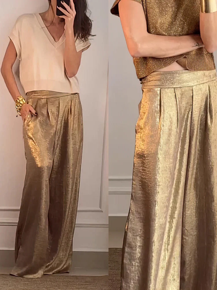 Women's Solid Color High Waisted loose Casual Wide-leg Pants