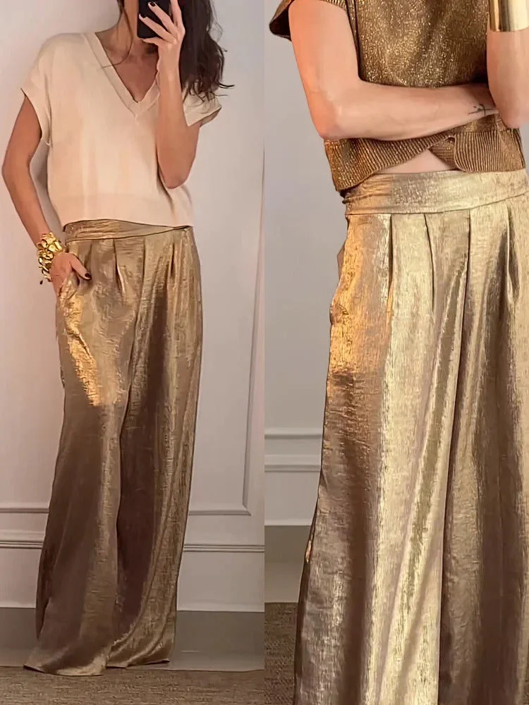 Women's Solid Color High Waisted loose Casual Wide-leg Pants