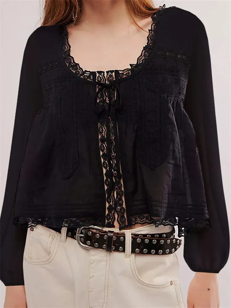 Lace Patchwork Button Tie-Up Blouse