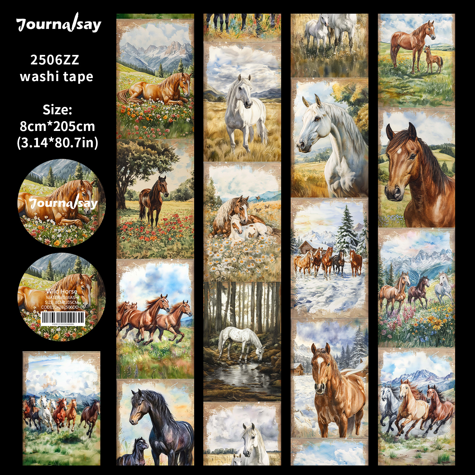 Washi Tape - 80mm*200cm Vintage Grassland Wild Horse Flower Landscape 