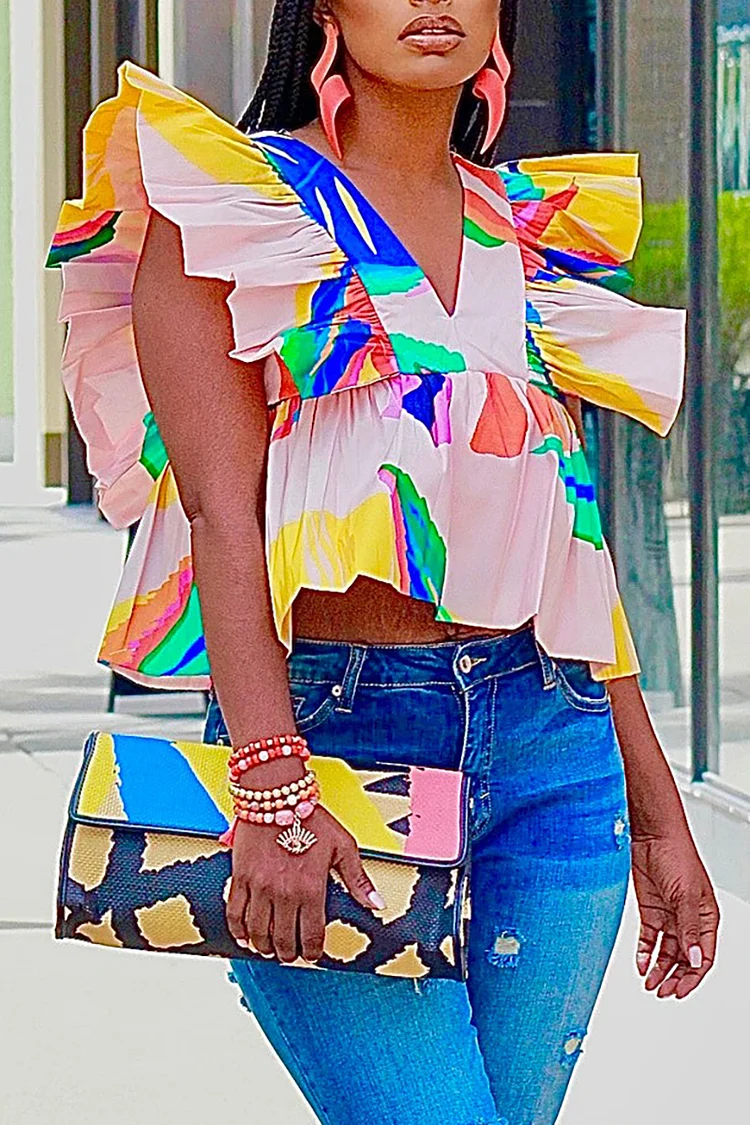 Xpluswear Plus Size Multicolor Vacation Floral Print Ruffle V Neck Cap Sleeve Blouses 