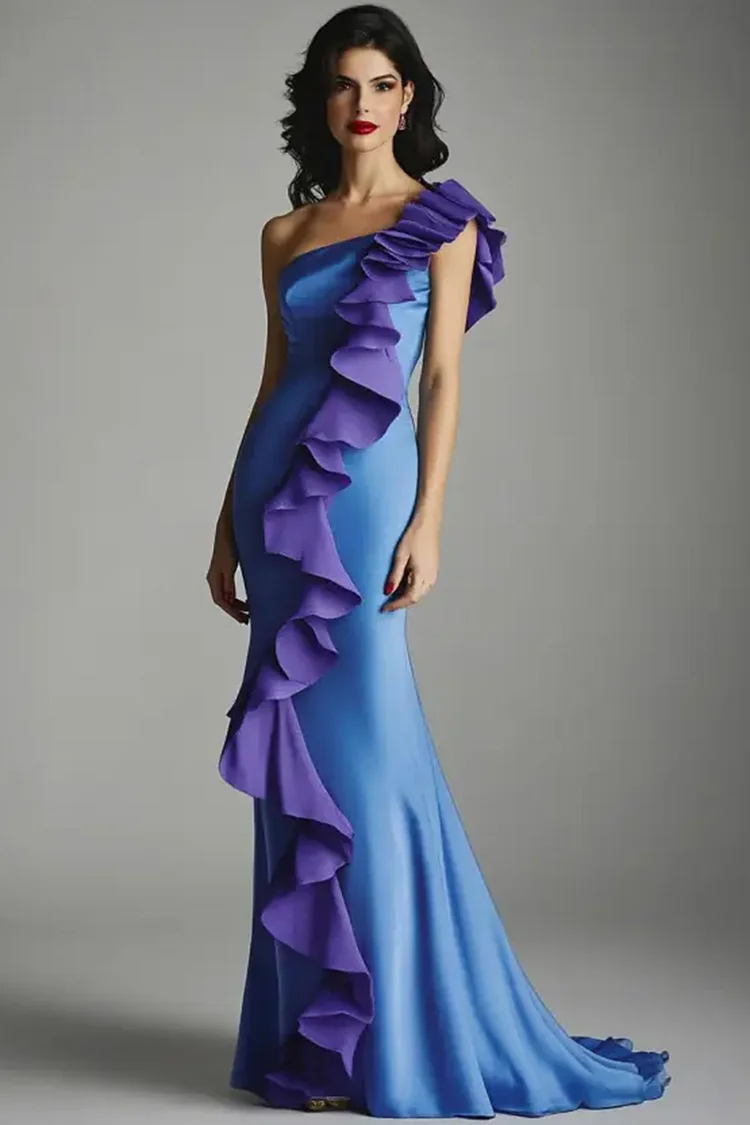 Ruffle Trim One Shoulder Maxi Dress-Royal Blue [Custom-Made]