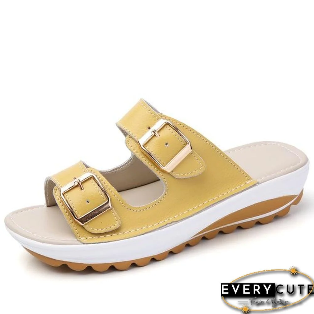 Women Platform Leather Buckle Flats Light Soft Comfortable Slides Sandals