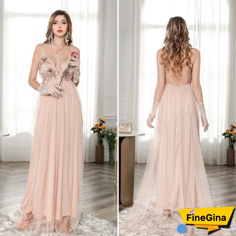 Fashion Plunging Neck Backless Flower Wedding Mesh Dress