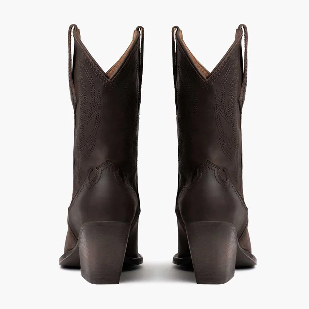 Dark Brown Stitch Pattern Chunky Heel Cowgirl Boots with Pointed Toe