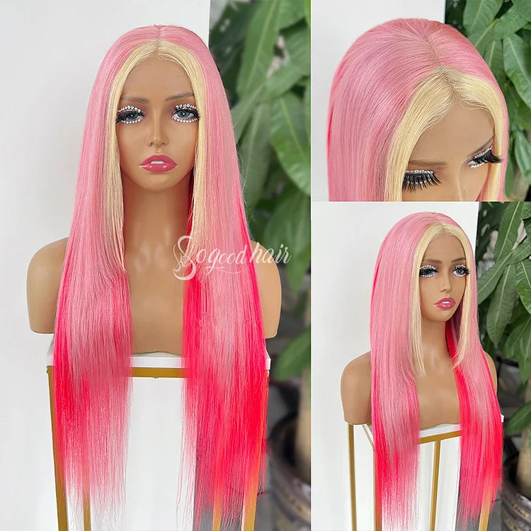 Trendy Wig for Fashion School Girl! Light Pink to Dark Pink with Blonde Highlights  Lace Front Wig