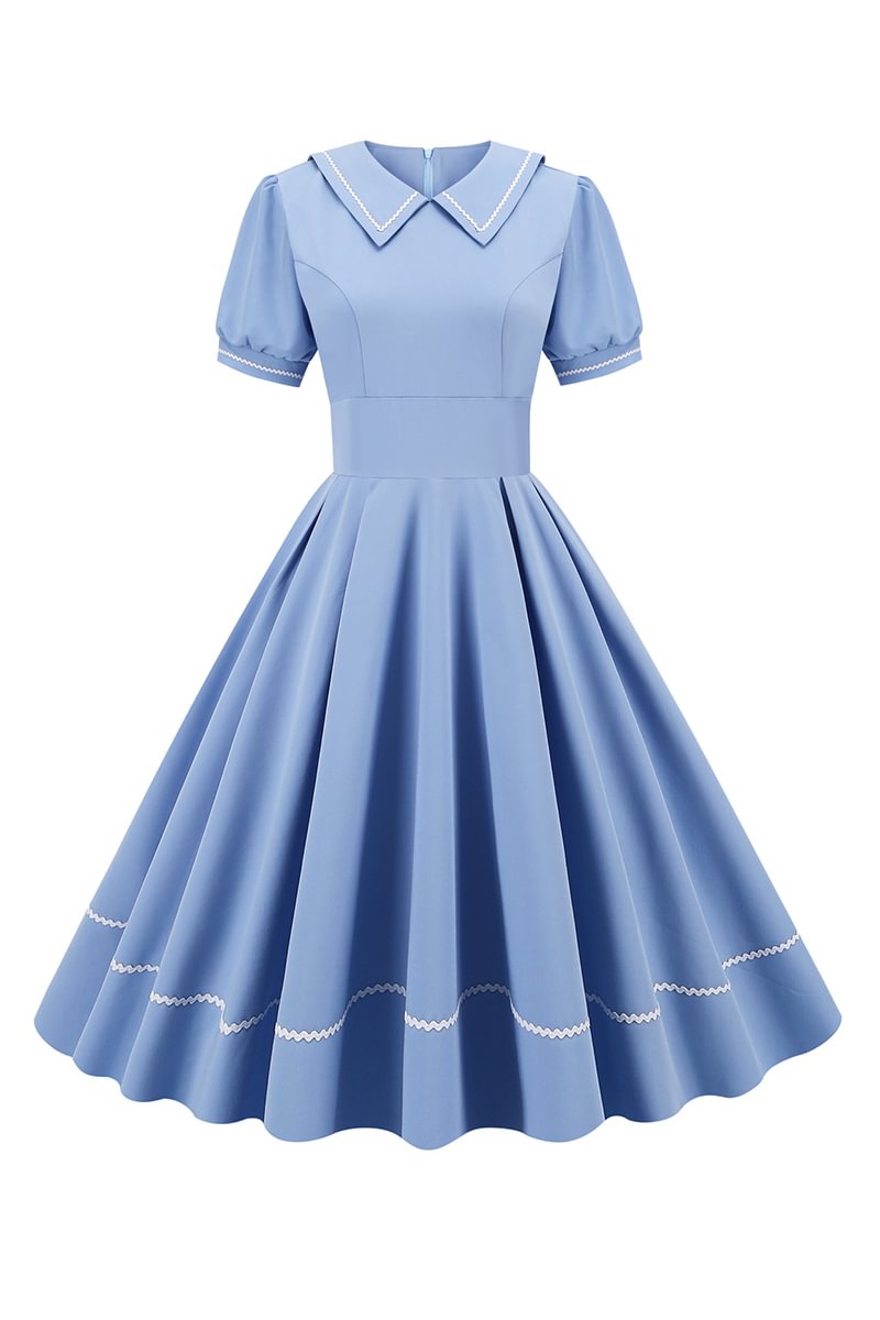 1950s Light Blue Vintage Short Sleeve Large Swing High Waist Midi Dress