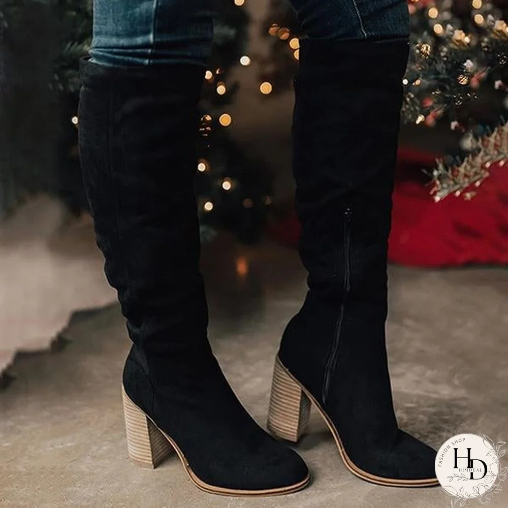 Winter Women Boots Solid Square Knee-High With Heels Ladies Boots