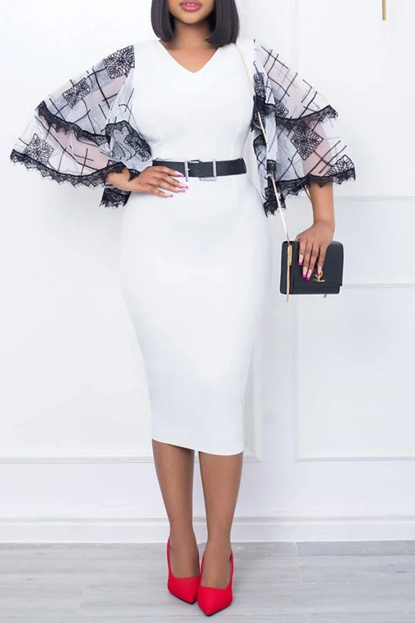 Geometric Print Lace Patchwork Flattering Midi Dress