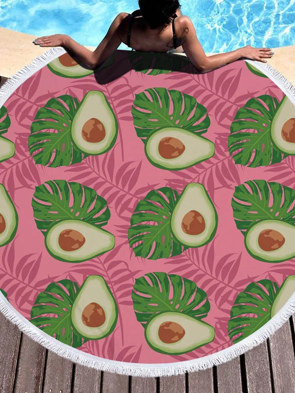 Avocado Print Round Shape Tasseled Soft Beach Mat