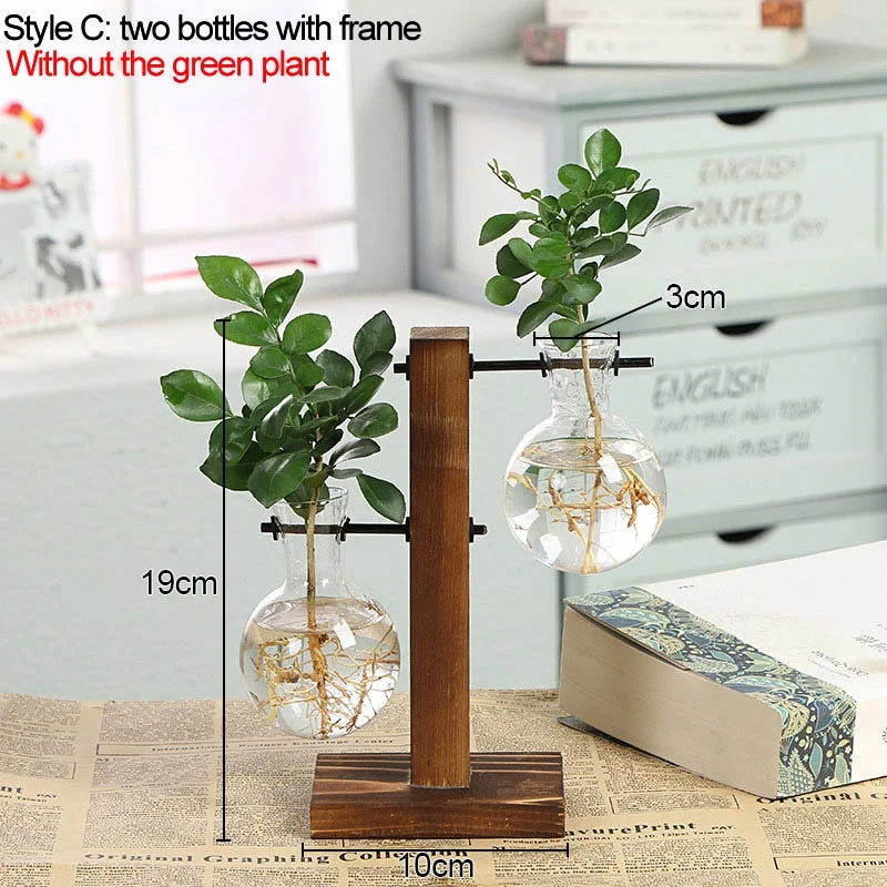 Terrarium Hydroponic Plant Vases Vintage Flower Pot Transparent Vase Wooden Frame Glass Tabletop Plants Bonsai Home Decorations