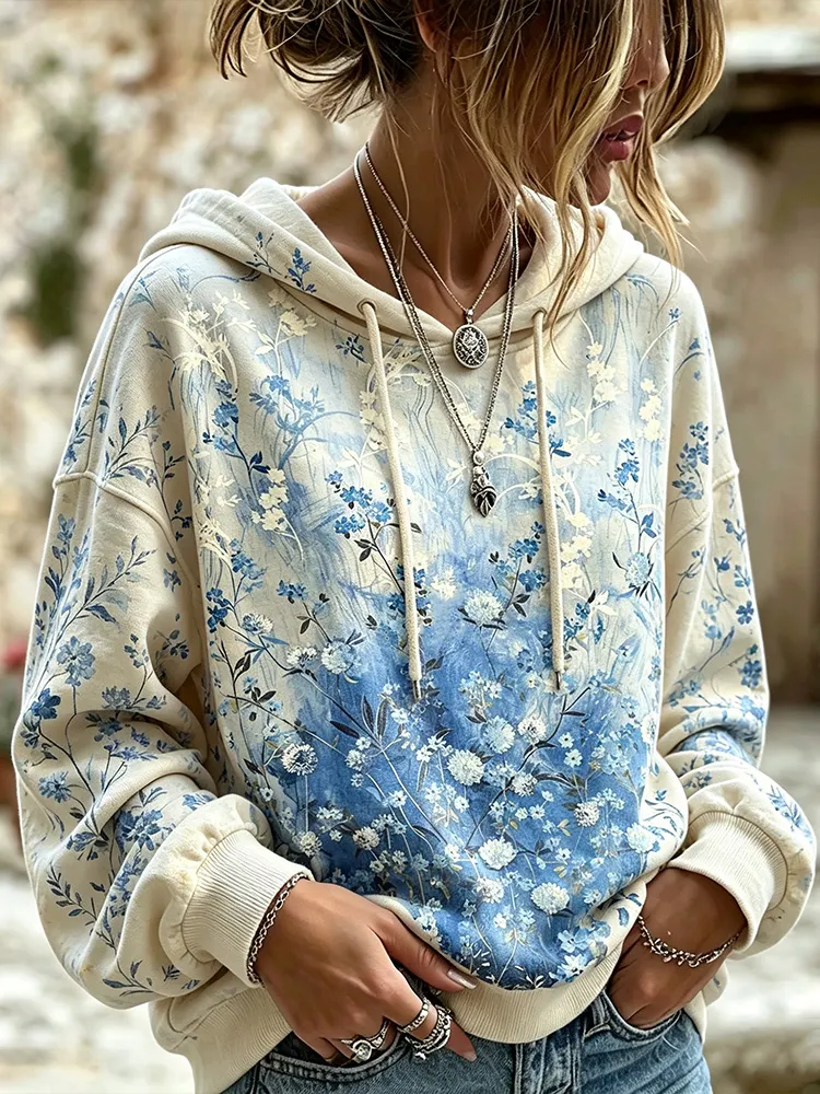 Comstylish Retro Bohemian Pastoral Style Blue Floral Print Hoodie