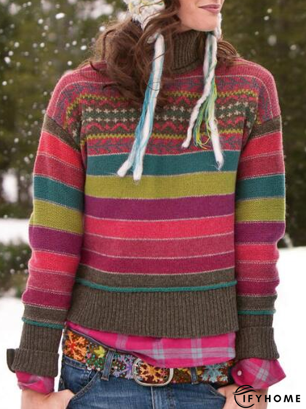 Long Sleeve Turtleneck Striped Sweater | IFYHOME