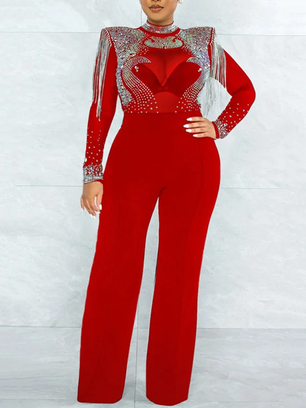 Fashion Stand Collar Sequined See-Through Empire Straight Leg Jumpsuits