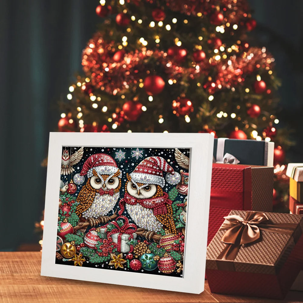 5D DIY Partial Special Shaped Drill Diamond Painting Xmas Owl Home Kit 19.2x19.2cm【With Frame】