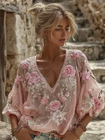 Women's Vintage Resort Embroidered Floral V-neck Long Sleeve T-shirt