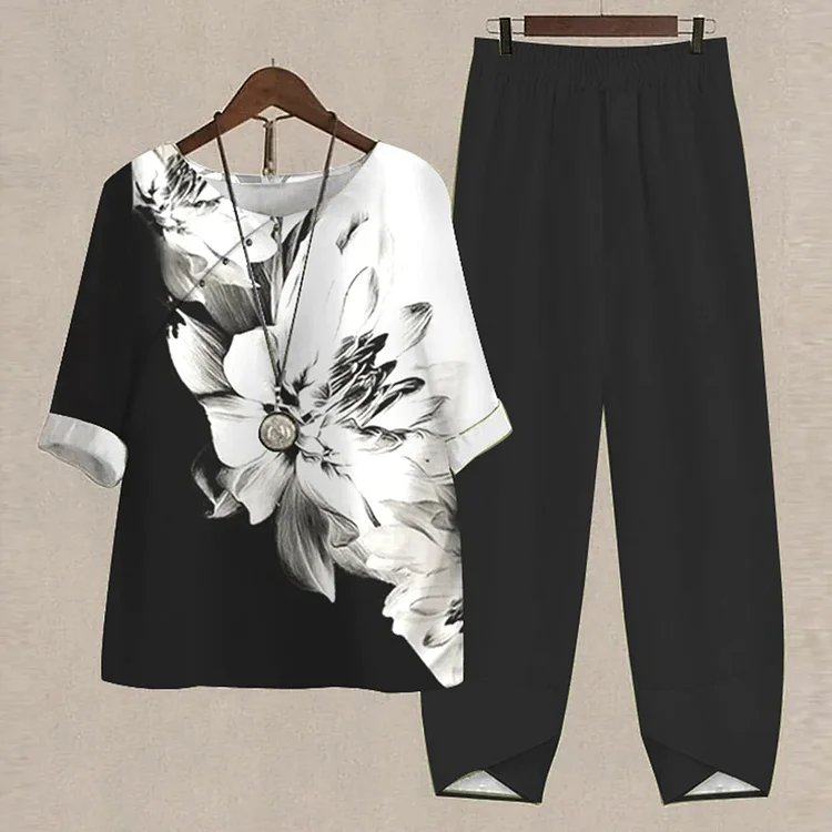 VChics Contrasting Floral Print Cozy Crew Neck Two Piece Set