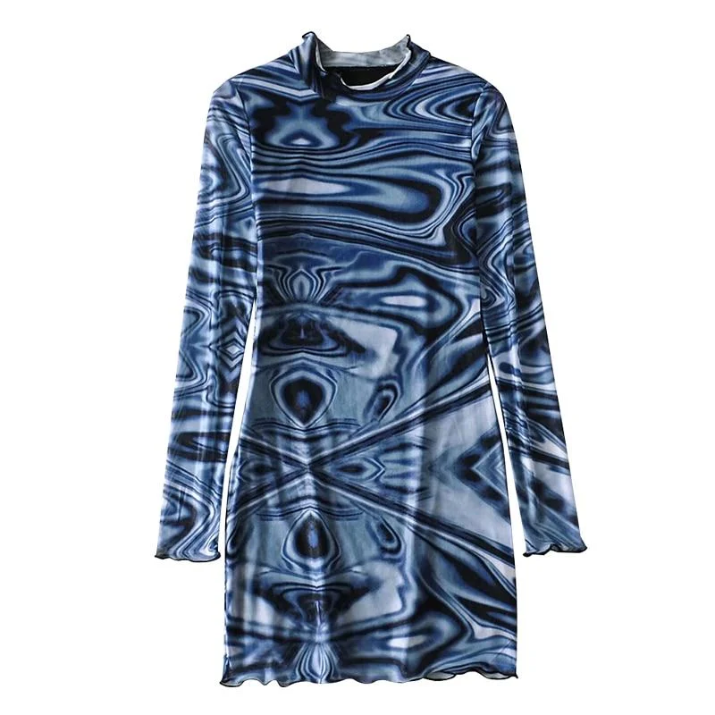 WOMENGAGA  Blue Tie-dyed Mesh Turtleneck Mini  Dress Tight Sheath Autumn Winter Long Sleeve Base Dresses UA2L