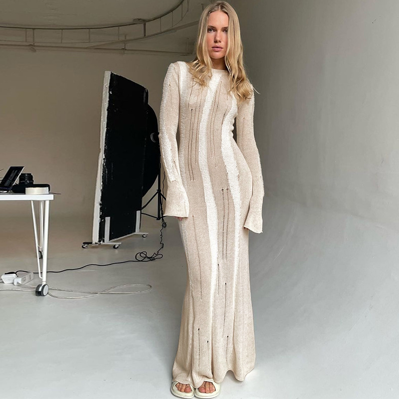 Ootddress Knitwear Hollow Out Solid Maxi Dress For Women See-Through High Waist Loose Knit Autumn Dress Fashion Elegant Party Dress