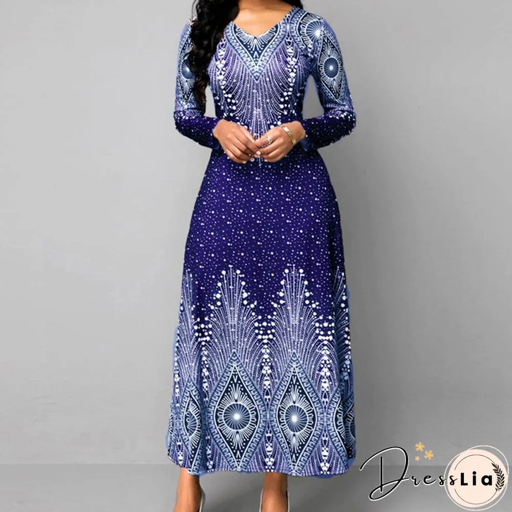 V-neck Retro Print Long-sleeved Dress Spring and Autumn Women's Clothing