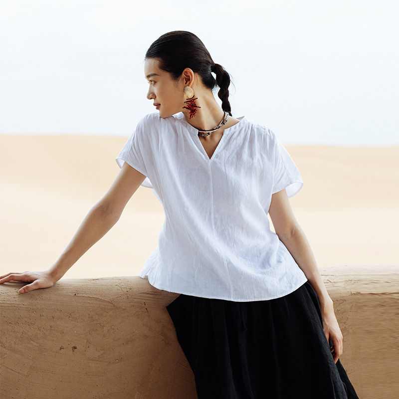 Myopiclunacy Artistic Washed Linen Short Sleeve V-neck T-shirt Charming Lady Black White Grey Series New Bloom 48 Blooming Shirt