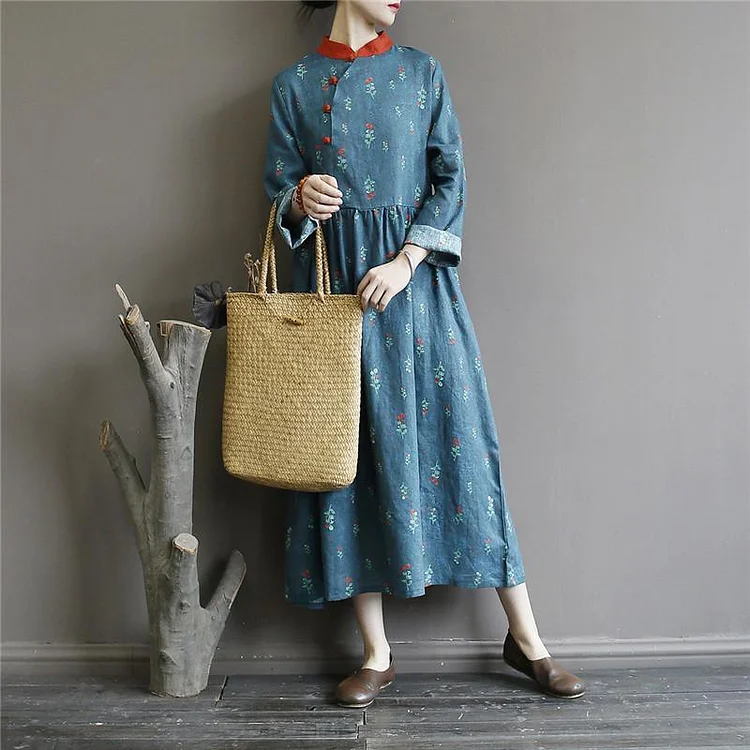 Women long sleeve linen cotton patchwork stand collar Wardrobes Tunic Tops blue floral Dress