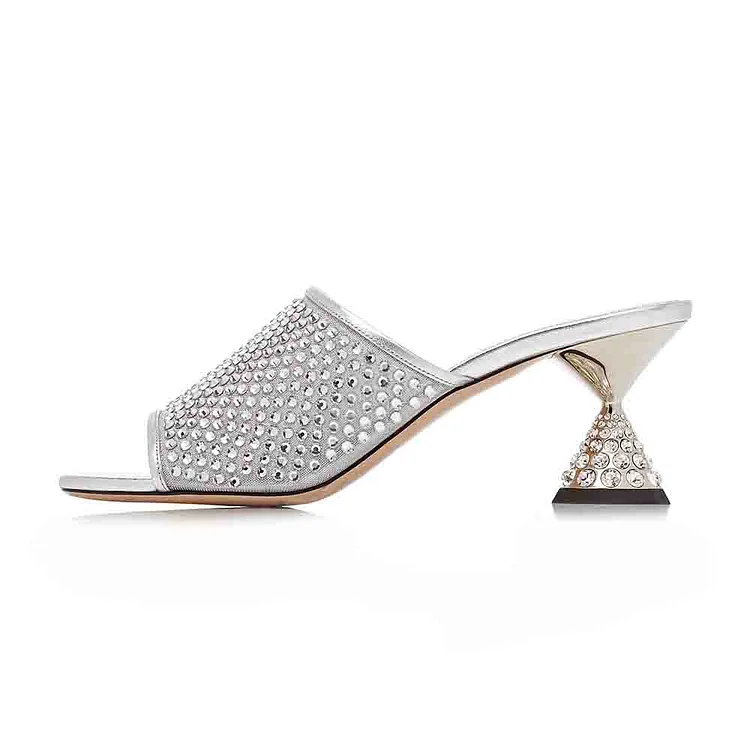 Silver Flared Heels Rhinestone Embellishment Open Toe Mules for Women |FSJ Shoes