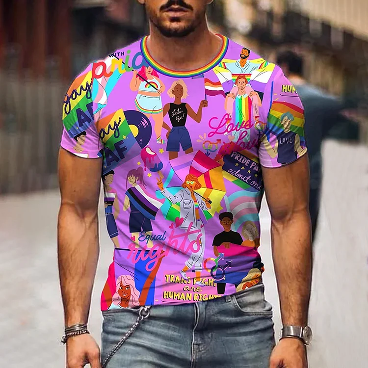 BrosWear Men'S Rainbow LGTB Moon Cartoon Print Short Sleeve T-Shirt
