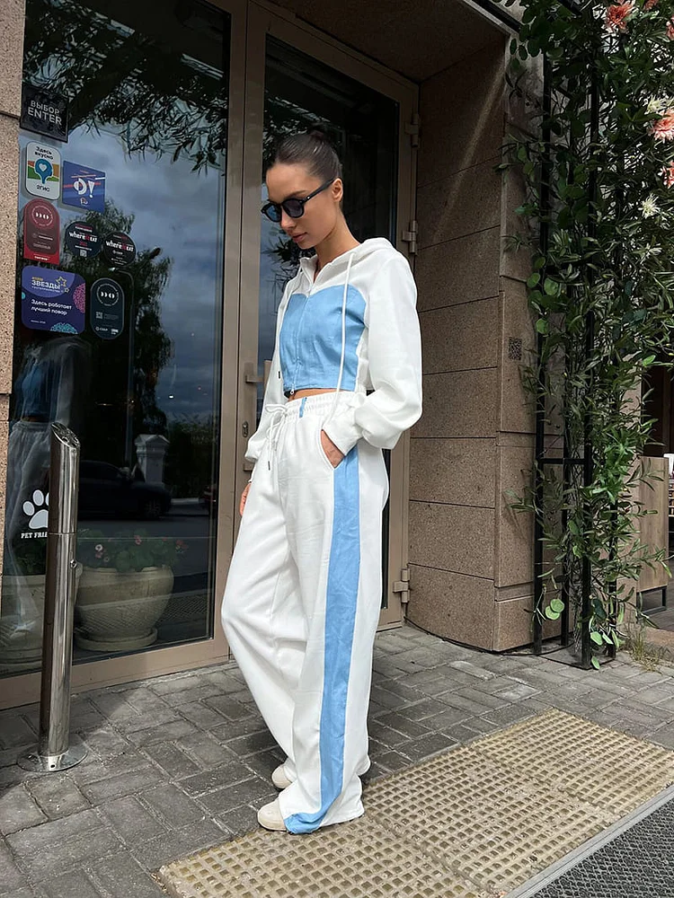 PASUXI Women's Contrast Color Set Hooded Cardigan Joggers Lounge Suit huanwei