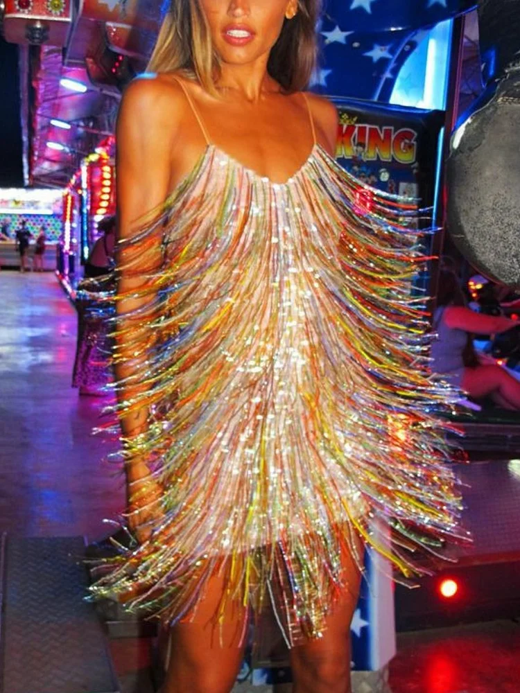 Fashion Rainbow Sequined Tassels Slip Party Dress