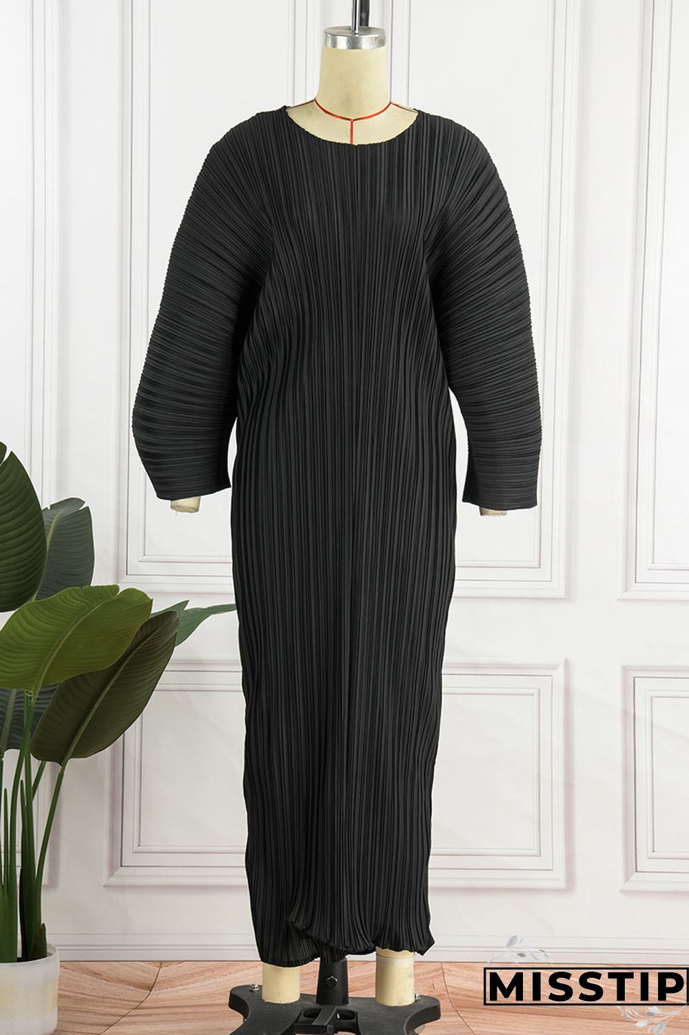 Black Casual Solid Patchwork Fold O Neck Straight Dresses