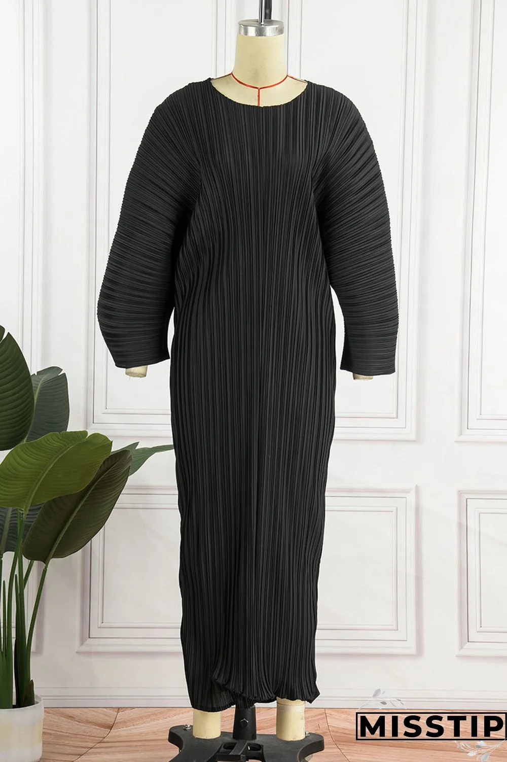 Black Casual Solid Patchwork Fold O Neck Straight Dresses